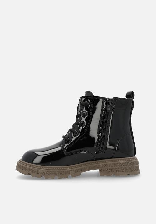 Pop Candy - Glossy faux leather lace-up boots - black
