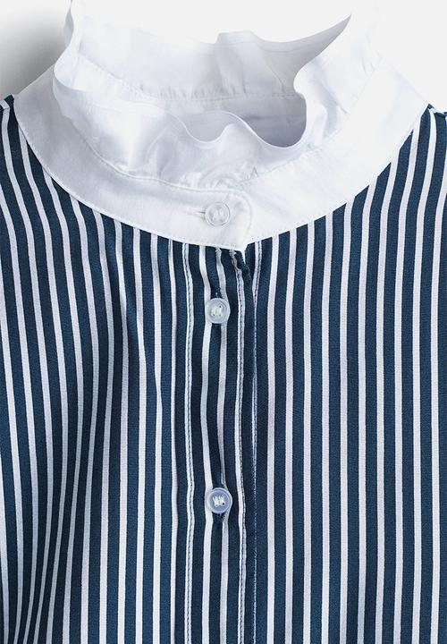 H&M - Frill-collar blouse - navy blue/white striped