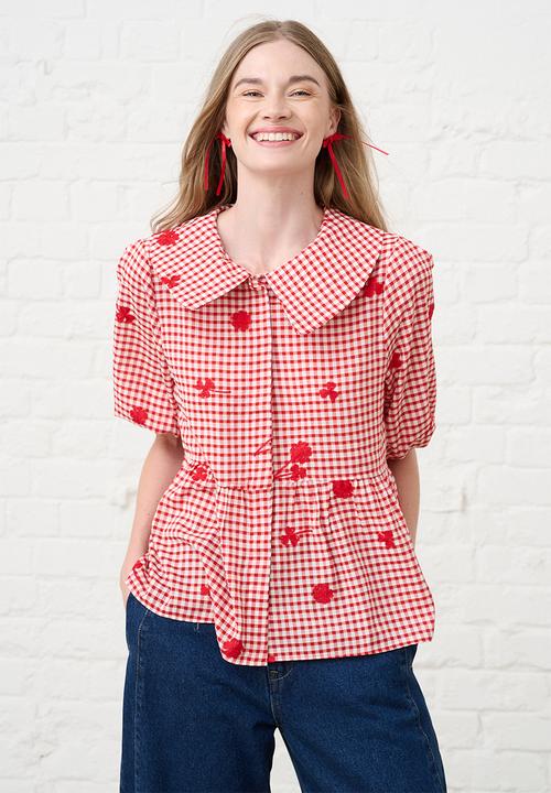 Me&B - Peplum Blouse in Interest Gingham - Red