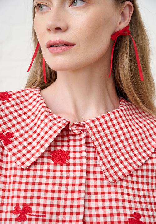 Me&B - Peplum Blouse in Interest Gingham - Red