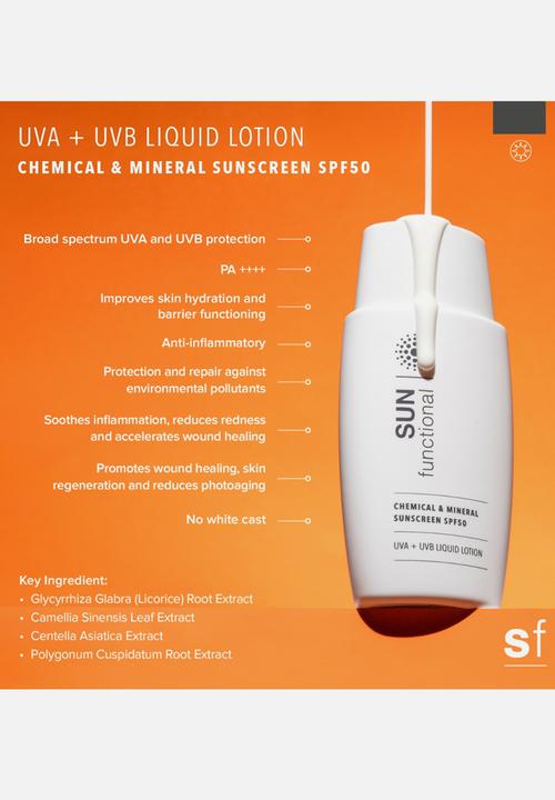 SKIN functional - Chemical and Mineral UVA + UVB Liquid Lotion SPF50 Sunscreen - 50ml