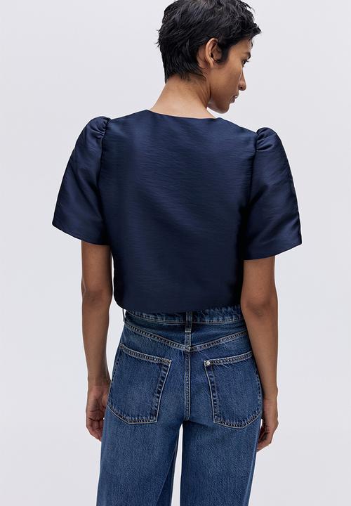H&M - Puff-sleeved blouse - navy blue
