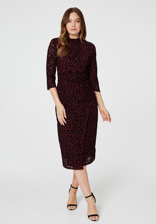 Izabel London - Half Sleeve Mid Calf Buronout Animal Print Dress - Maroon