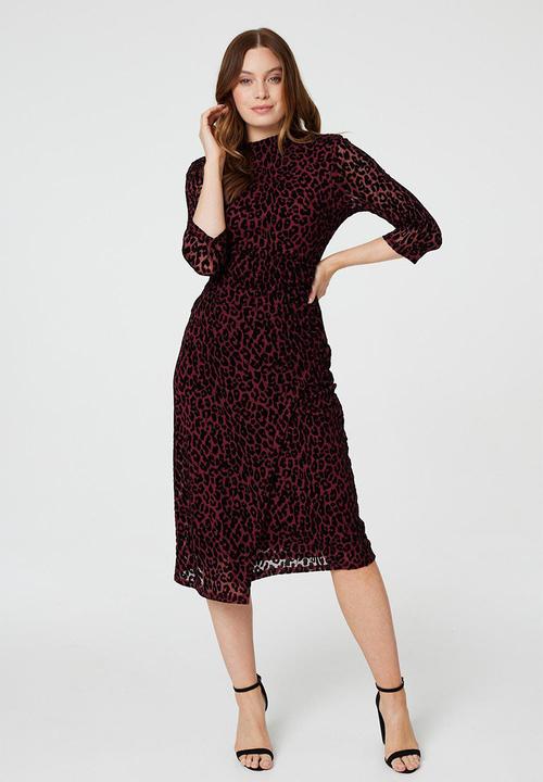 Izabel London - Half Sleeve Mid Calf Buronout Animal Print Dress - Maroon