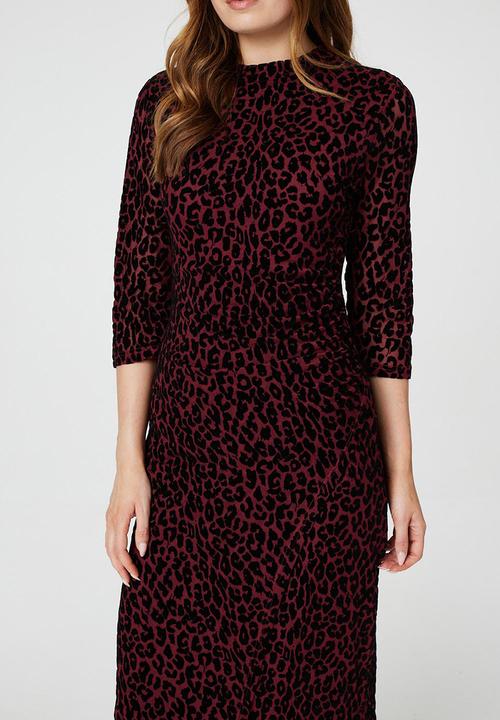 Izabel London - Half Sleeve Mid Calf Buronout Animal Print Dress - Maroon