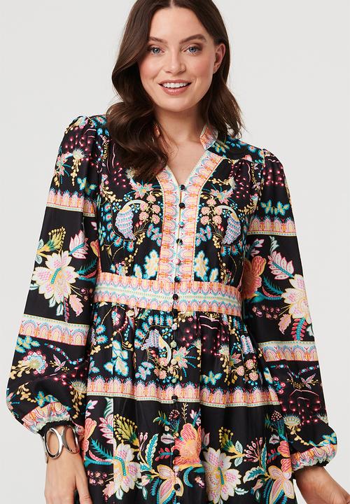 Stella Morgan - V-Neck Button Through Dress With Border Print And Scallop Hem - Black