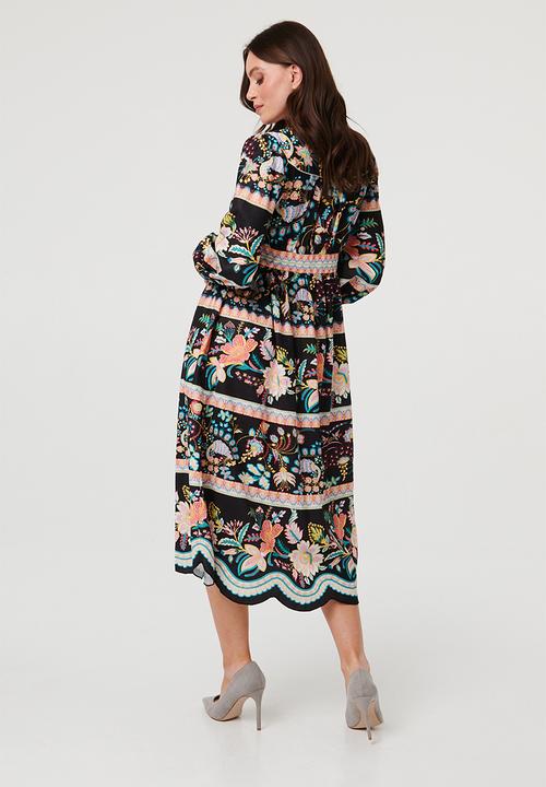 Stella Morgan - V-Neck Button Through Dress With Border Print And Scallop Hem - Black