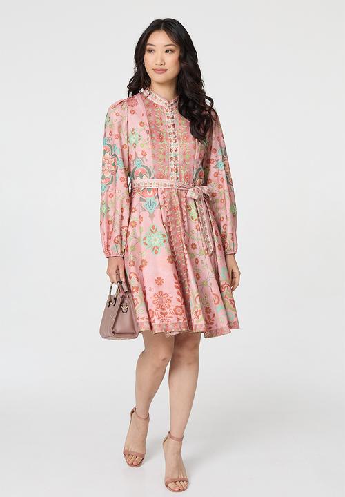Stella Morgan - L/S With Elastic Cuff Button Through Midi Dress Border Print Detail - Rust