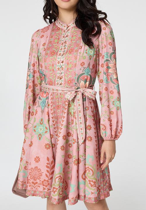Stella Morgan - L/S With Elastic Cuff Button Through Midi Dress Border Print Detail - Rust