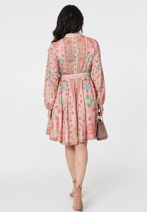 Stella Morgan - L/S With Elastic Cuff Button Through Midi Dress Border Print Detail - Rust