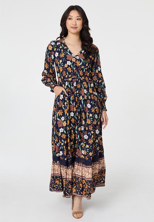 Izabel London - V-Neck Button Through Gypsy Style Maxi Dress - Multi Navy