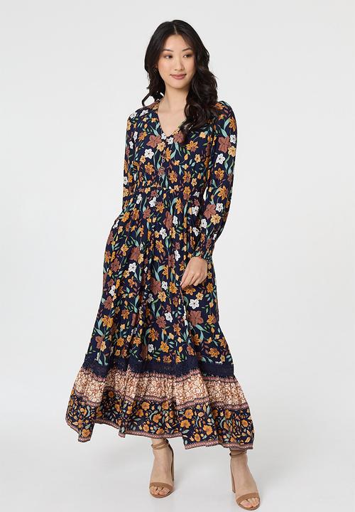 Izabel London - V-Neck Button Through Gypsy Style Maxi Dress - Multi Navy
