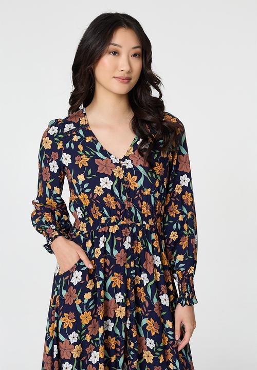 Izabel London - V-Neck Button Through Gypsy Style Maxi Dress - Multi Navy