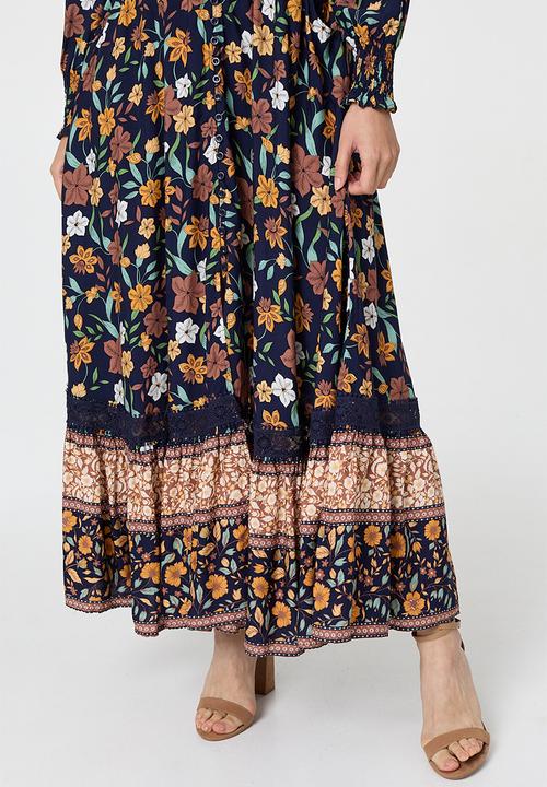 Izabel London - V-Neck Button Through Gypsy Style Maxi Dress - Multi Navy