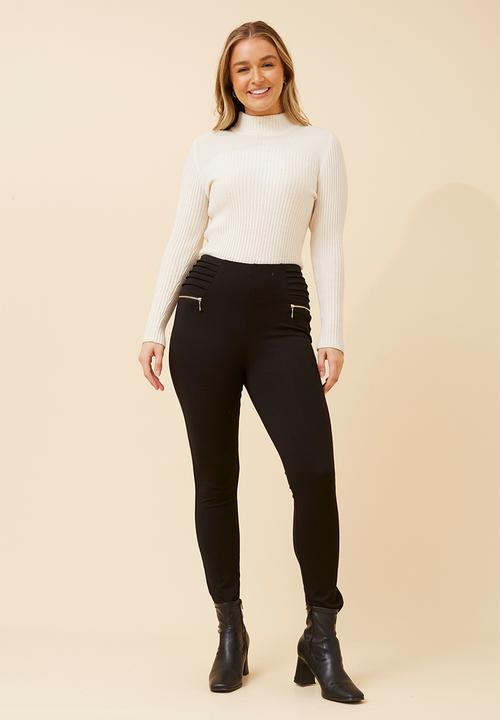 Stella Morgan - High Waisted Lightweight Ponte Legging With Front Zip Detail - Black
