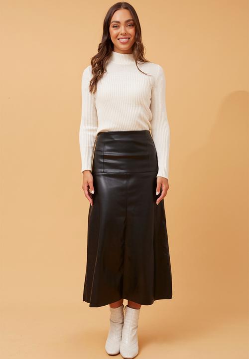 Izabel London - High Waist Faux Leather A-Line Maxi Skirt - Black