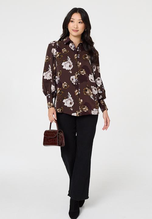 Izabel London - Wide Cuff Button Through Puff Shoulder Printed Blouse - Brown