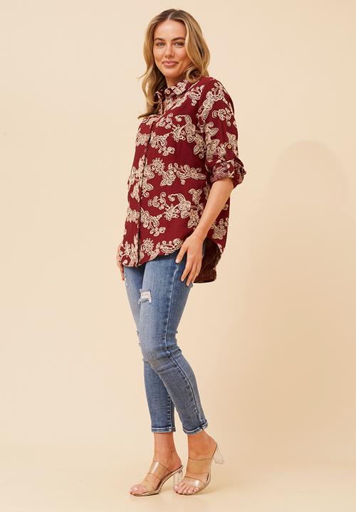 MANDI - Button Through All Over Embroidered Shirt - Burgundy