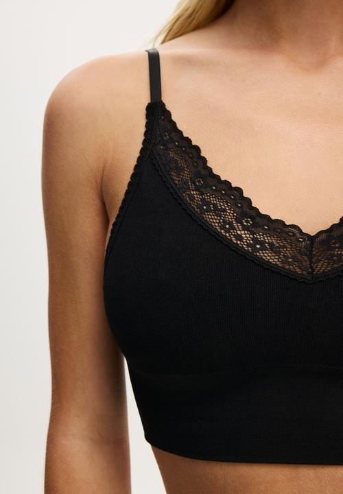 Cotton On - Seamless longline lace trim bralette - black