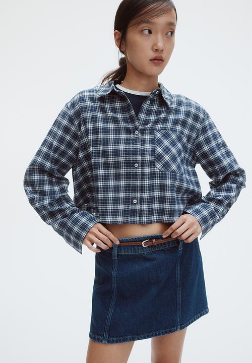 H&M - Cropped cotton shirt - dark blue/checked 
