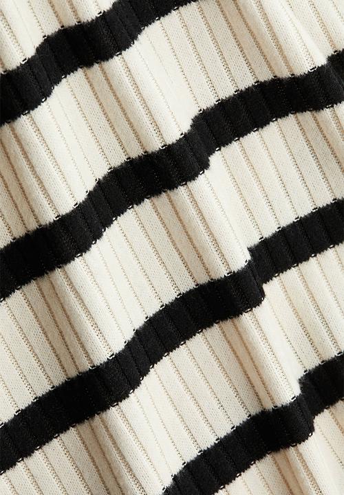 H&M - Wide rib-knit trousers - light beige striped