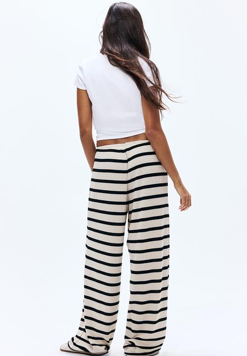 H&M - Wide rib-knit trousers - light beige striped