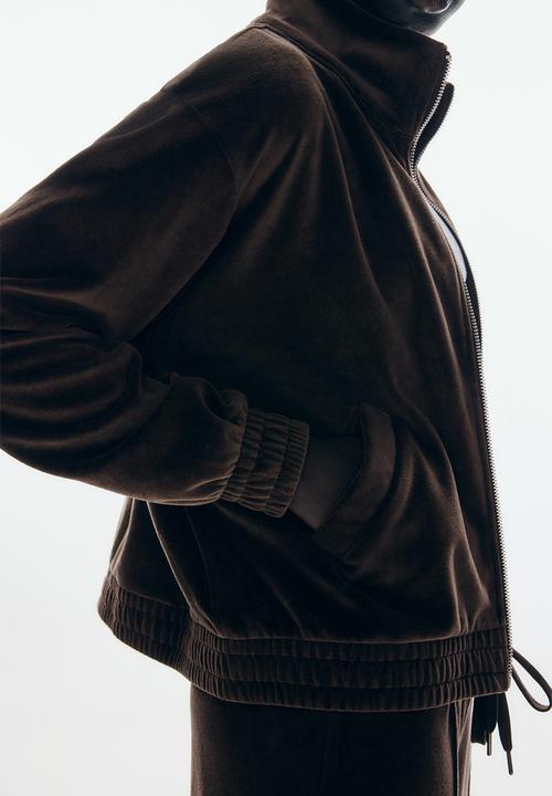 Velour zip-through jacket - dark brown - 1297139001