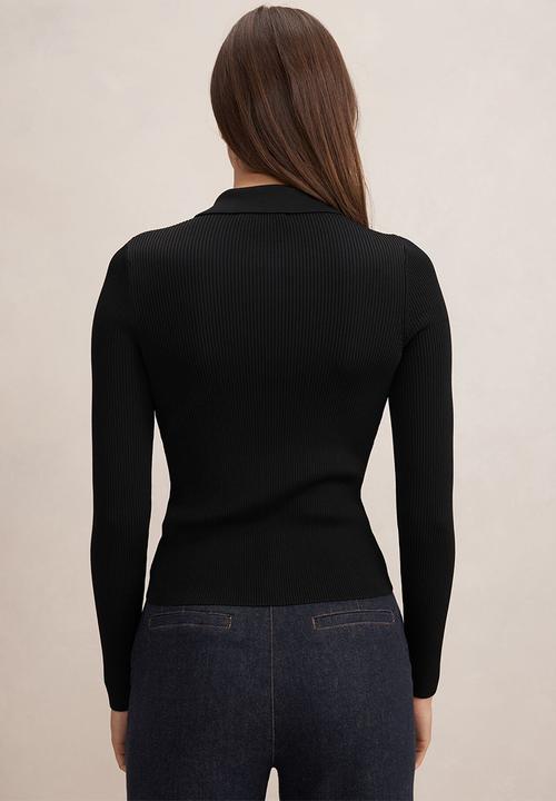 Forever New - Selina ribbed knit polo top in black