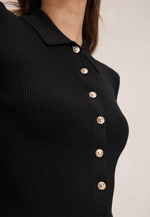 Forever New - Selina ribbed knit polo top in black