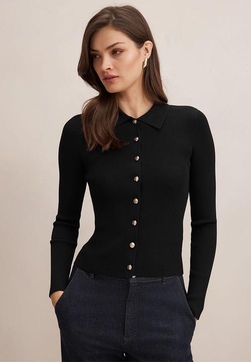 Forever New - Selina ribbed knit polo top in black