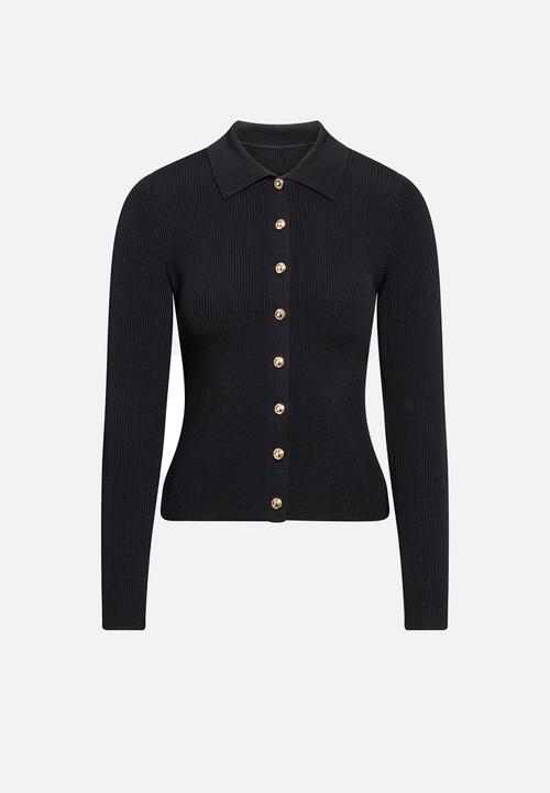 Forever New - Selina ribbed knit polo top in black