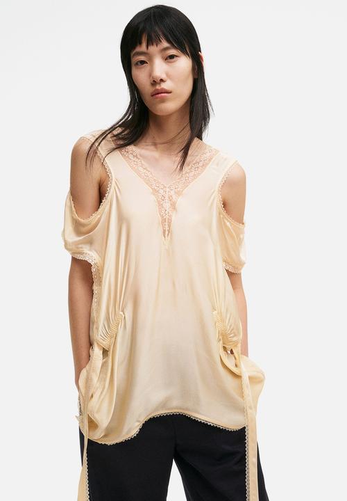 H&M - Lace-trimmed satin top - light beige