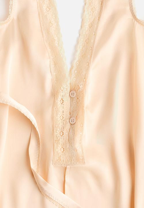H&M - Lace-trimmed satin top - light beige