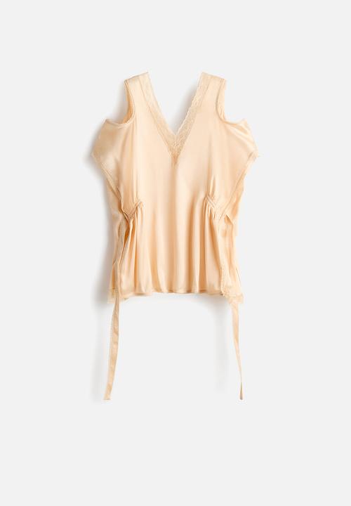 H&M - Lace-trimmed satin top - light beige