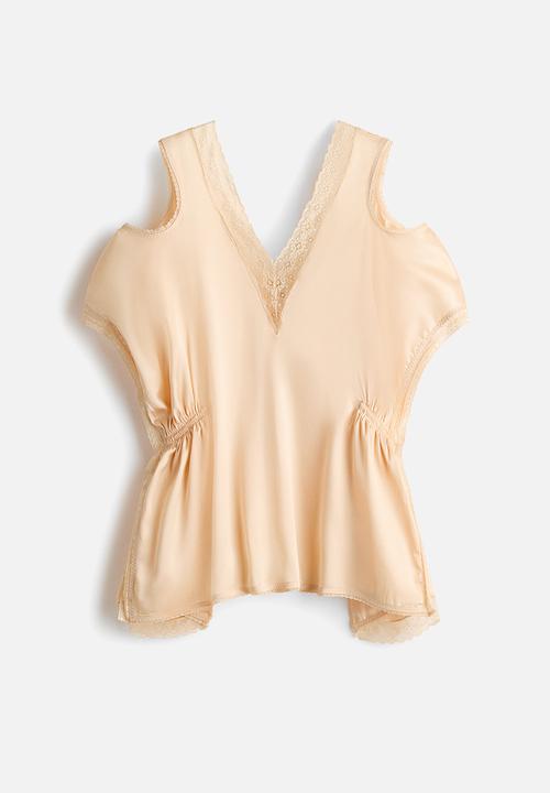 H&M - Lace-trimmed satin top - light beige