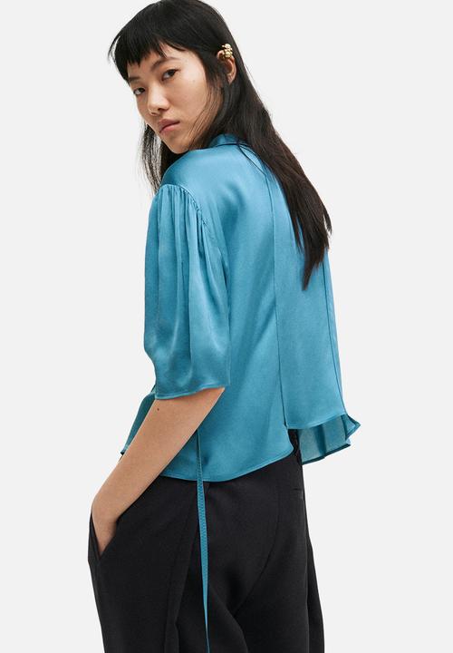 H&M - Puff-sleeved satin blouse - turquoise