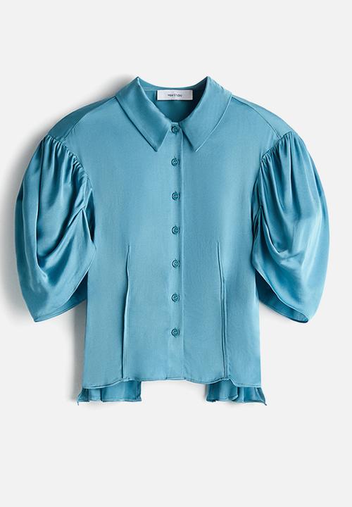 H&M - Puff-sleeved satin blouse - turquoise