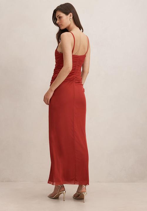 Forever New - Evie ruched mesh bodycon dress in brick red