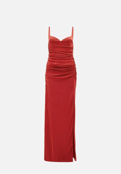 Forever New - Evie ruched mesh bodycon dress in brick red