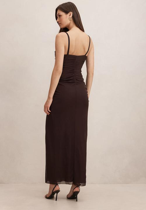 Forever New - Evie ruched mesh bodycon dress in dark chocolate