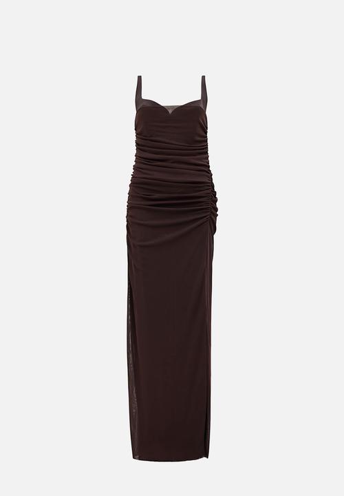 Forever New - Evie ruched mesh bodycon dress in dark chocolate