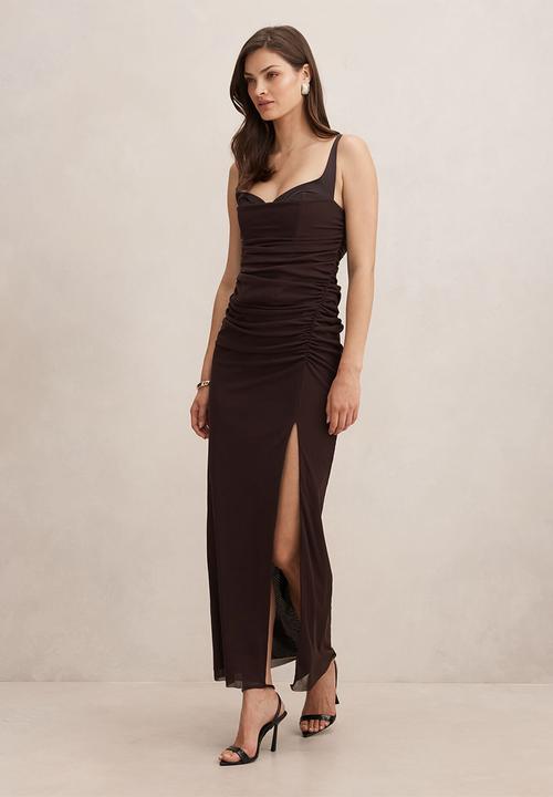 Evie ruched mesh bodycon dress in dark chocolate