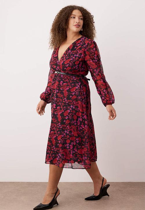 Trendyol - New Year Floral Belted A-Line Midi Double-Breasted Neck Patterned Chiffon Woven Dress - Burgundy