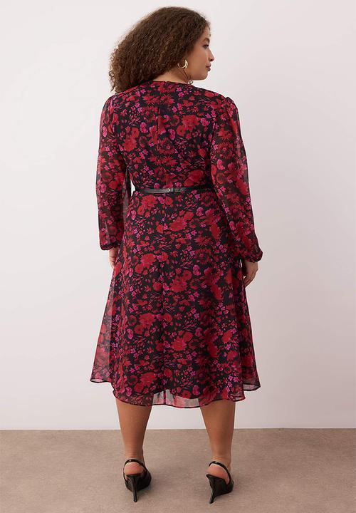 Trendyol - New Year Floral Belted A-Line Midi Double-Breasted Neck Patterned Chiffon Woven Dress - Burgundy