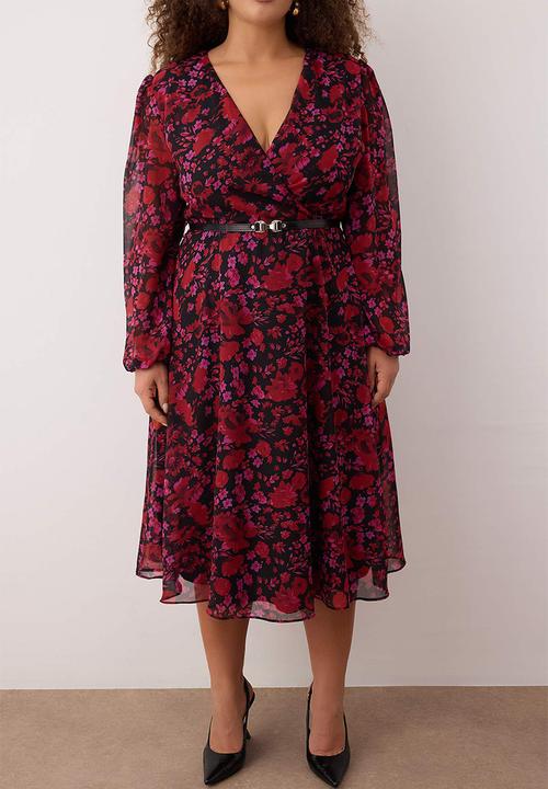 Trendyol - New Year Floral Belted A-Line Midi Double-Breasted Neck Patterned Chiffon Woven Dress - Burgundy