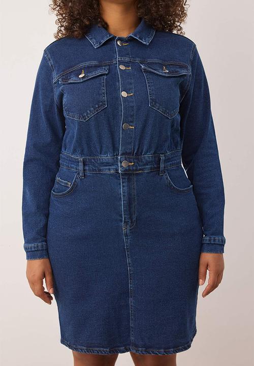 Trendyol - Plus Shirt Collar Medium Stretch Denim Dress - Blue