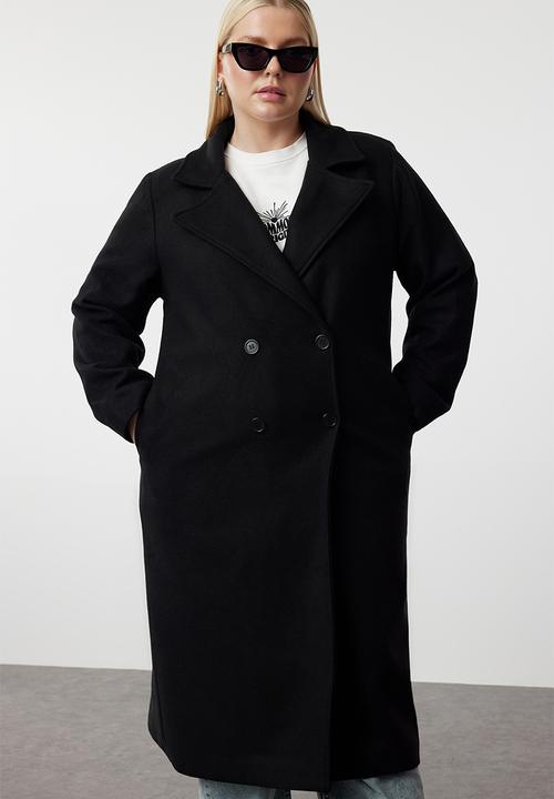 Trendyol - Oversize Wool Blended Stamp Coat Double Breasted Coverage - Black