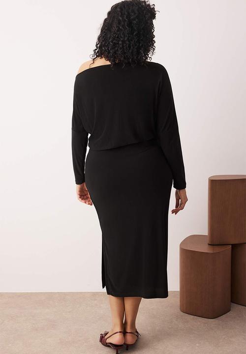 Trendyol - Straight Asymmetric One Sleeve Waist Seat Stretch Midi Knitted Dress - Black