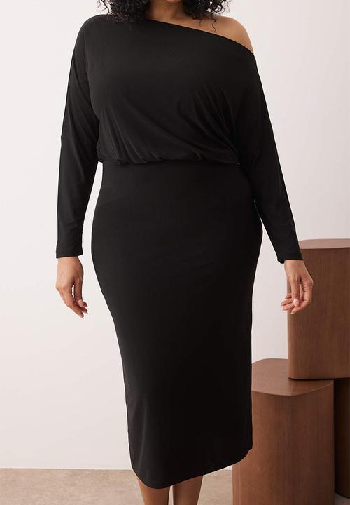 Trendyol - Straight Asymmetric One Sleeve Waist Seat Stretch Midi Knitted Dress - Black