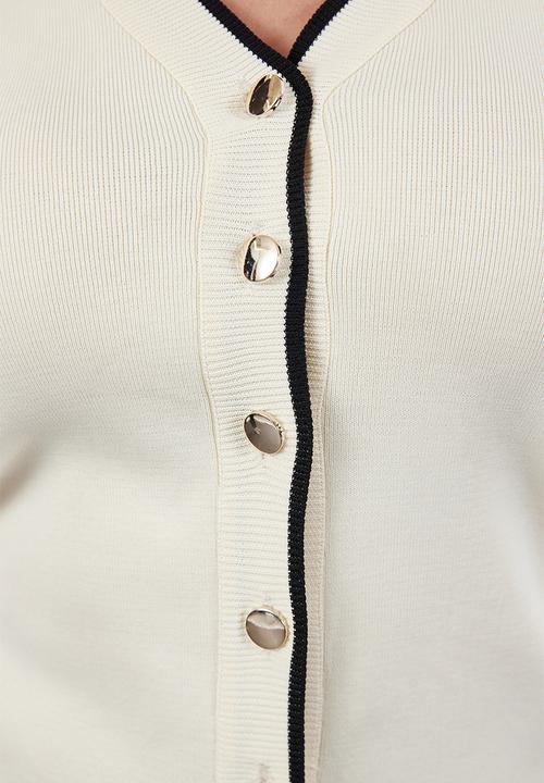Trendyol - Plus Gold Button Detailed Striped Knitwear Cardigan - Cream